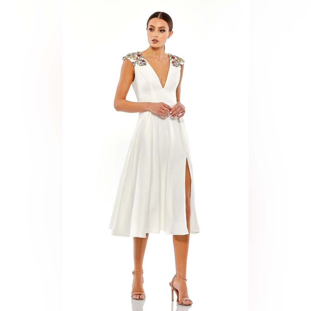 Mac Duggal Cap Sleeve Multi Gem Embellished White Midi Dress